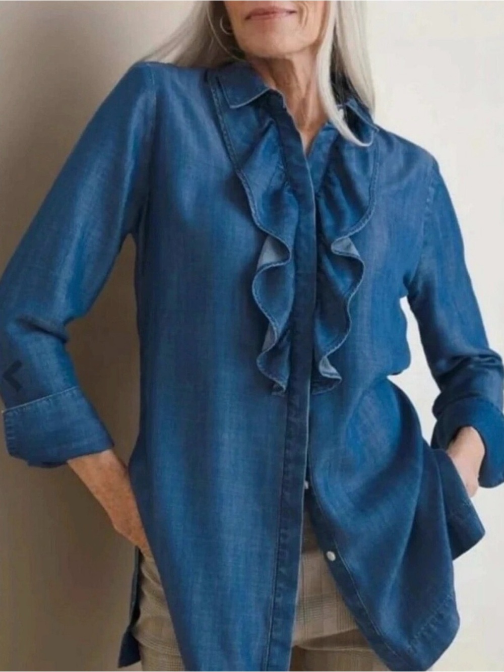 Chico's Indigo Ruffled Chambray Button-Down